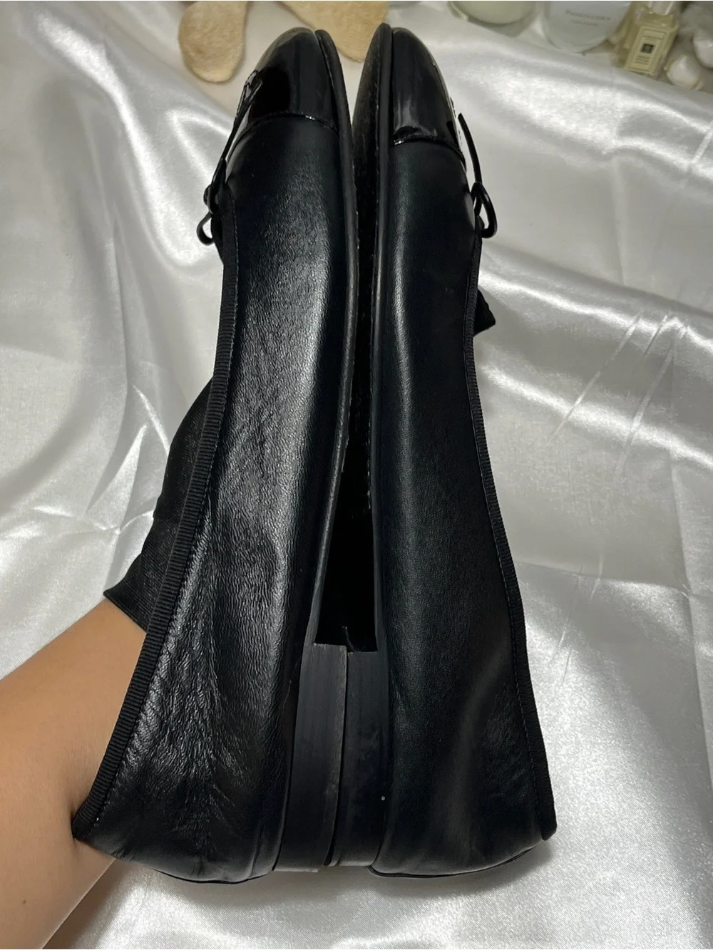 CHANEL Black Leather Ballet Flats with Patent Cap Toe & CC Motif